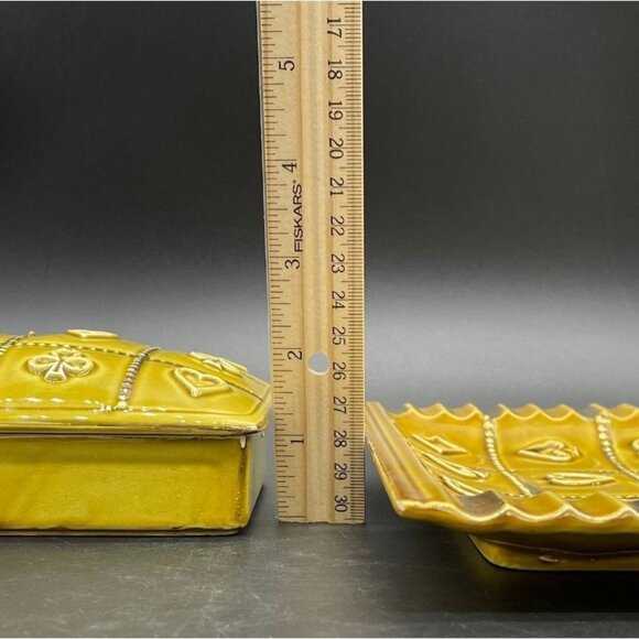 Vintage Cigarette Box Ashtray Set Mid Century Ceramic Card Suits Yellow Gold 60s - Picture 9 of 9